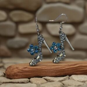 Silver-tone high-heeled shoe type earrings with blue rhinestones, Alloy shoes. D
